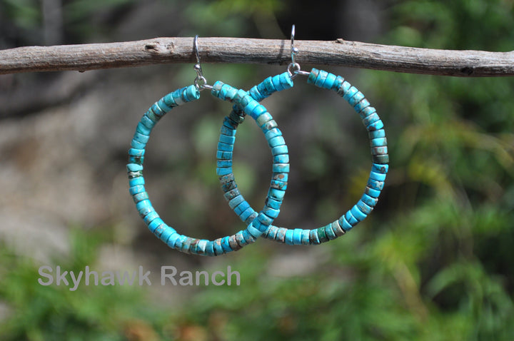 Genuine Turquoise Hoop Earrings -Turquoise Earrings -Turquoise Hoops-Beaded Earrings-Boho Earrings