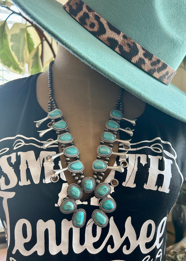 Full Squash Blossom Turquoise Necklace