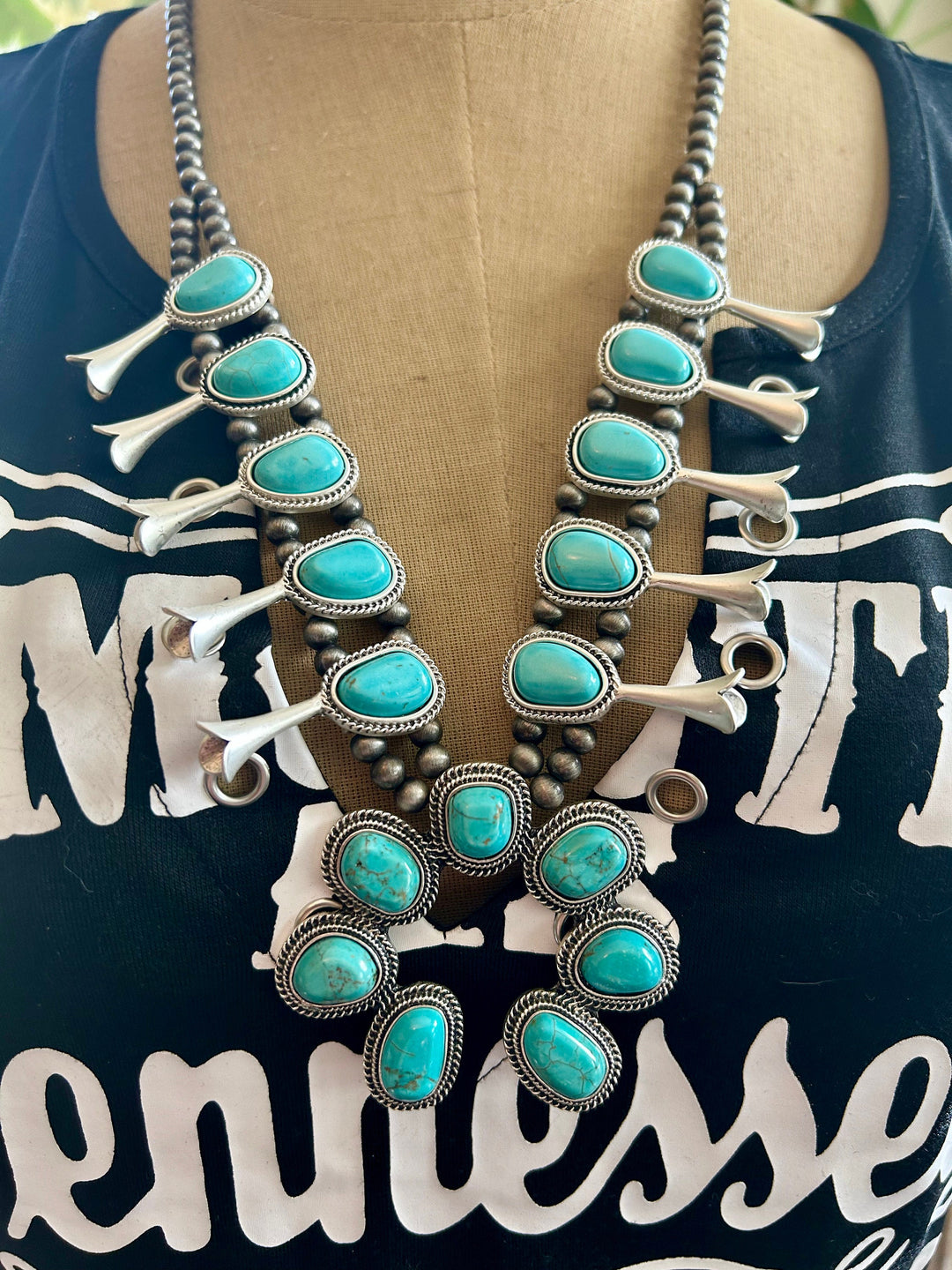 Full Squash Blossom Turquoise Necklace