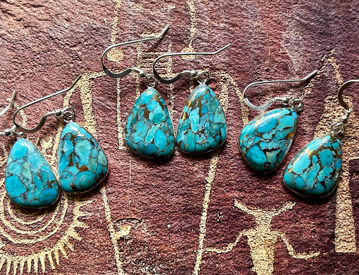 Kingman Mohave Turquoise Earrings with Copper Matrix Arizona Turquoise Teardrop Shaped Turquoise Earrings Natural Genuine Turquoise