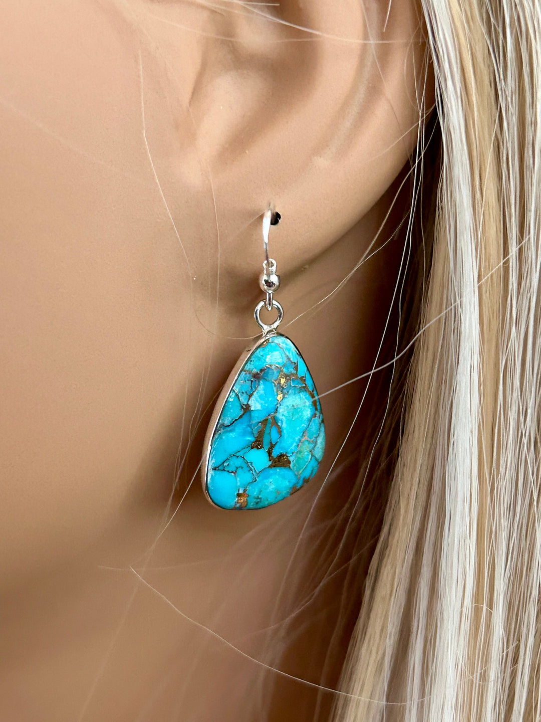 Kingman Mohave Turquoise Earrings with Copper Matrix Arizona Turquoise Teardrop Shaped Turquoise Earrings Natural Genuine Turquoise