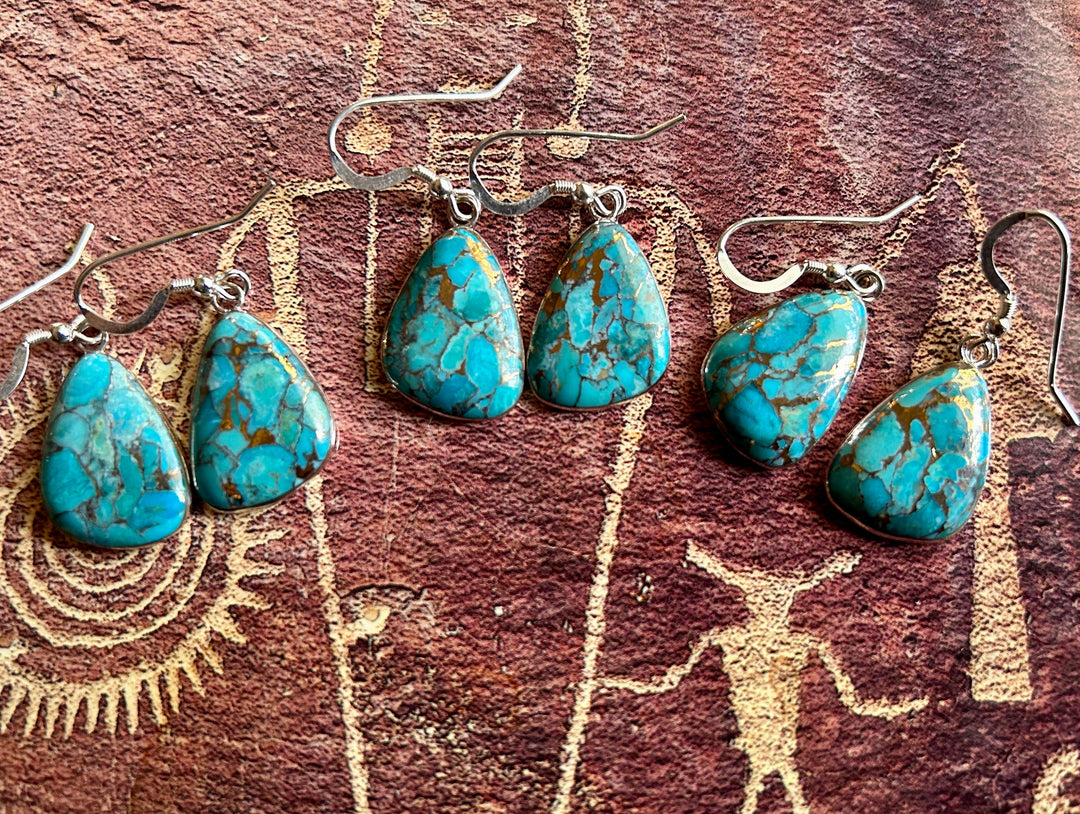 Kingman Mohave Turquoise Earrings with Copper Matrix Arizona Turquoise Teardrop Shaped Turquoise Earrings Natural Genuine Turquoise