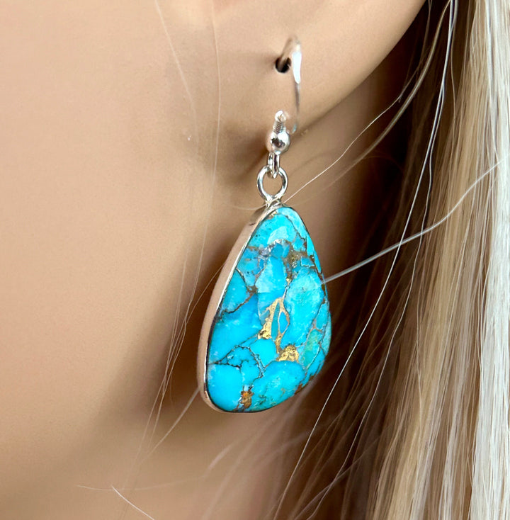 Kingman Mohave Turquoise Earrings with Copper Matrix Arizona Turquoise Teardrop Shaped Turquoise Earrings Natural Genuine Turquoise