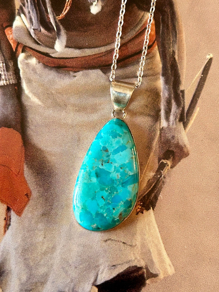 Genuine Turquoise Pendant Necklace 18" 925 Sterling Silver Chain Genuine Gemstone Necklace