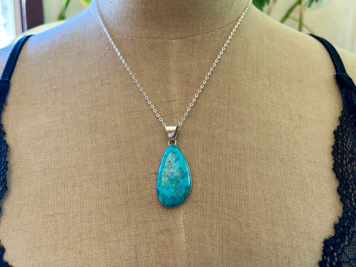 Genuine Turquoise Pendant Necklace 18" 925 Sterling Silver Chain Genuine Gemstone Necklace