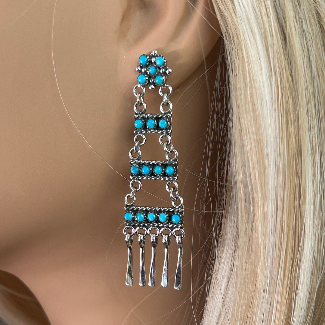 Genuine Kingman Turquoise Ladder Earrings Sterling Silver Long Snake Eye Turquoise Tiered Dangle Earrings Santa Fe' Earrings