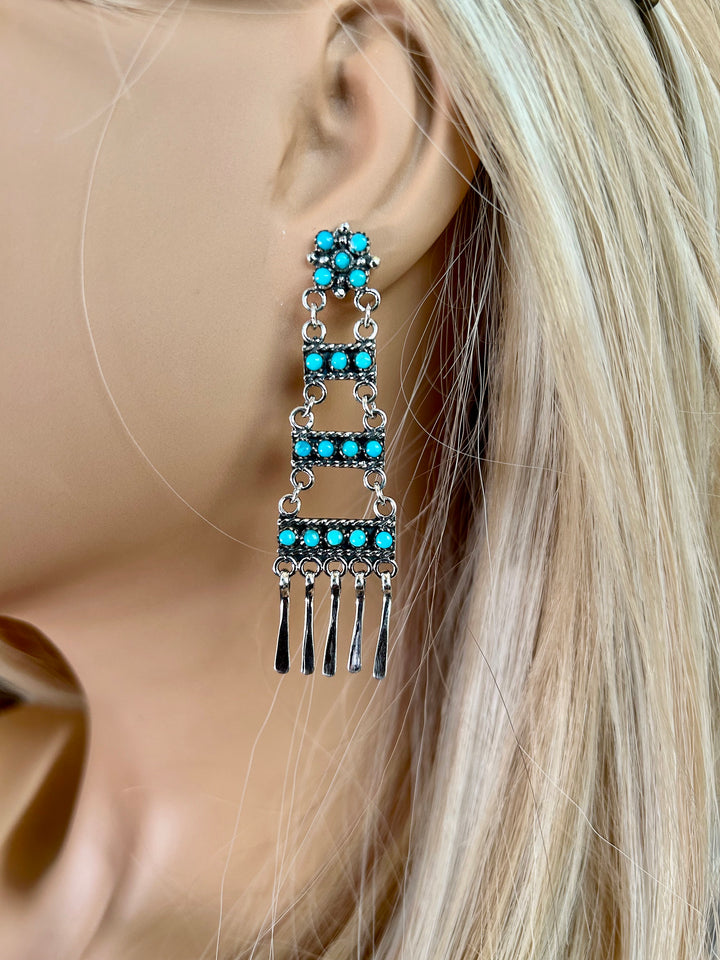 Genuine Kingman Turquoise Ladder Earrings Sterling Silver Long Snake Eye Turquoise Tiered Dangle Earrings Santa Fe' Earrings