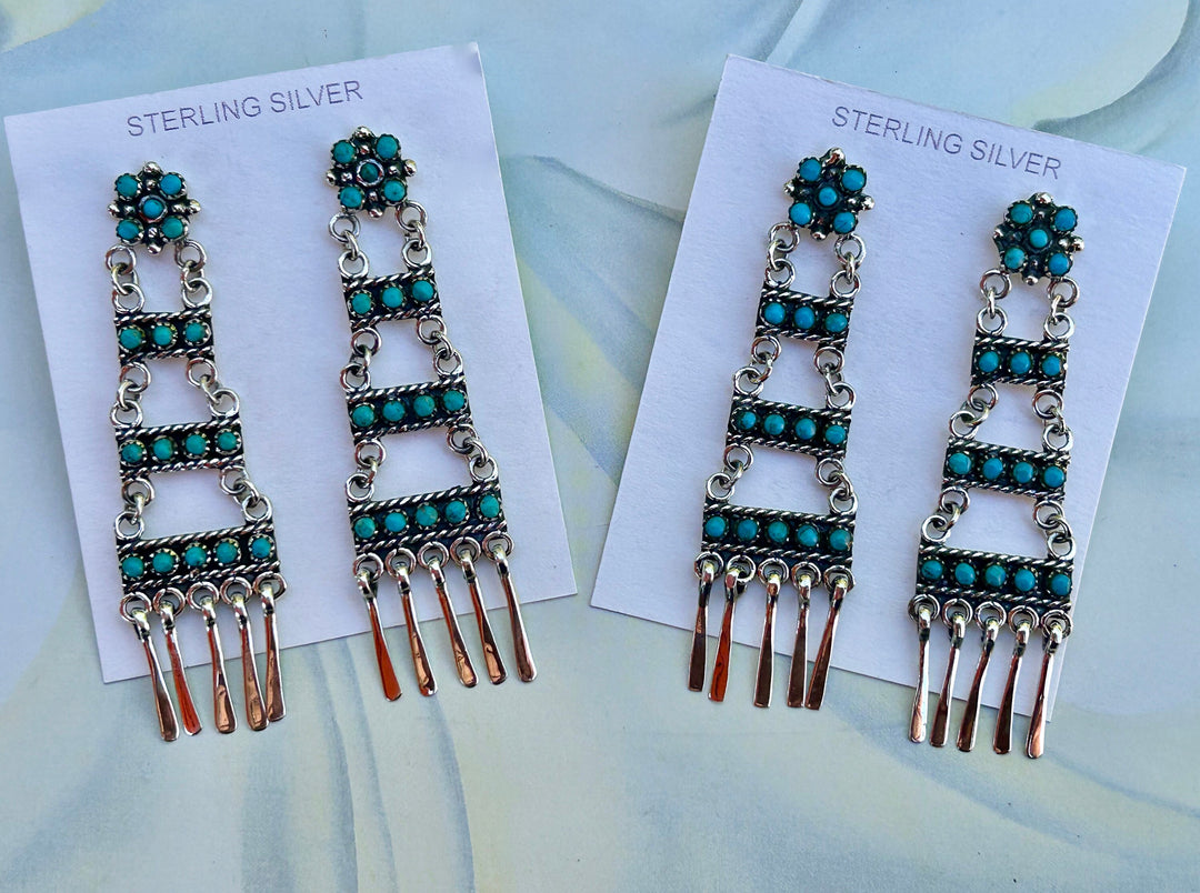 Genuine Kingman Turquoise Ladder Earrings Sterling Silver Long Snake Eye Turquoise Tiered Dangle Earrings Santa Fe' Earrings