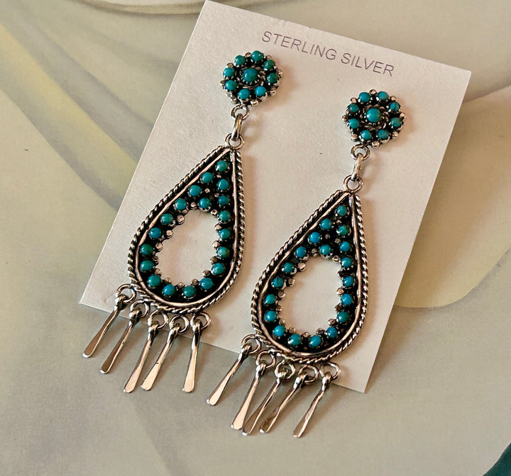 Genuine Kingman Snake Eye Teardrop Earrings Sterling Silver Paddle Fringe Turquoise Hoops Western Santa Fe' Style Statement Dangle Earrings