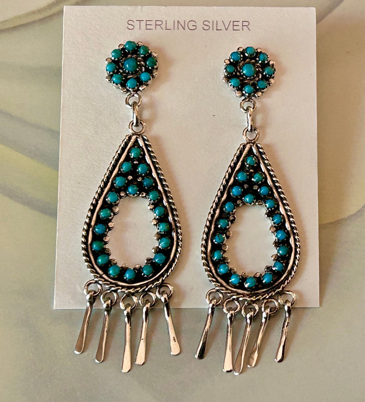 Genuine Kingman Snake Eye Teardrop Earrings Sterling Silver Paddle Fringe Turquoise Hoops Western Santa Fe' Style Statement Dangle Earrings