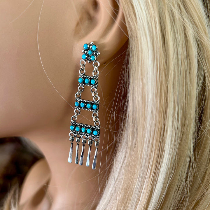 Genuine Kingman Turquoise Ladder Earrings Sterling Silver Long Snake Eye Turquoise Tiered Dangle Earrings Santa Fe' Earrings