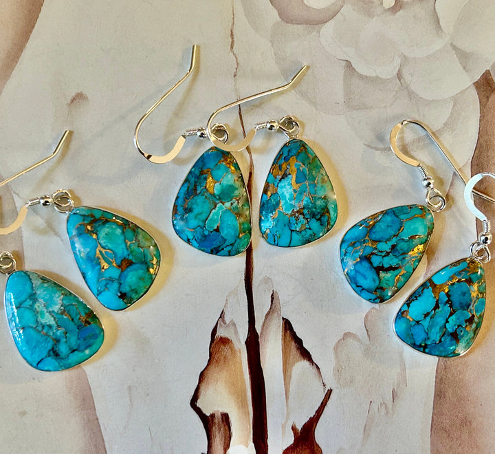 Kingman Mohave Turquoise Earrings with Copper Matrix Arizona Turquoise Teardrop Shaped Turquoise Earrings Natural Genuine Turquoise