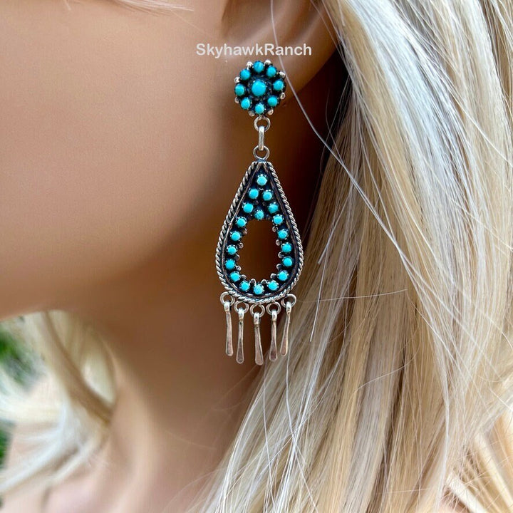 Genuine Kingman Snake Eye Teardrop Earrings Sterling Silver Paddle Fringe Turquoise Hoops Western Santa Fe' Style Statement Dangle Earrings