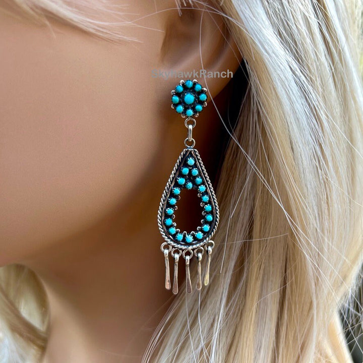 Genuine Kingman Snake Eye Teardrop Earrings Sterling Silver Paddle Fringe Turquoise Hoops Western Santa Fe' Style Statement Dangle Earrings