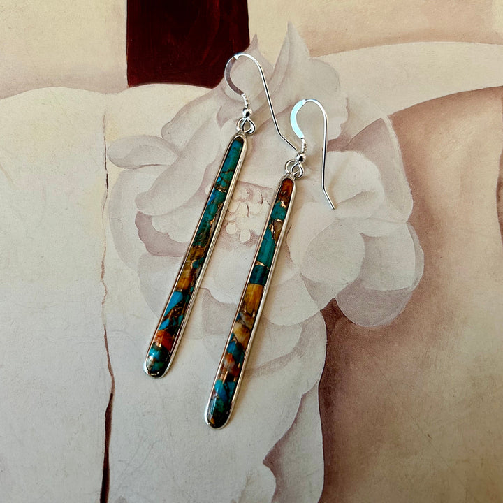 Genuine Spiny Oyster Copper Matrix Earrings Slender Sterling Silver & Genuine Spiny Oyster and Turquoise Gift for Her Daughter Mom GORGEOUS