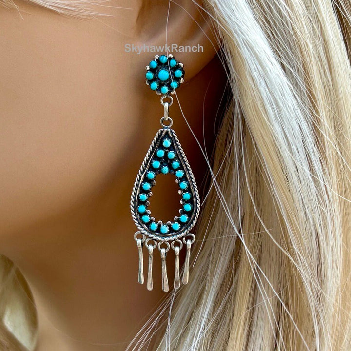 Genuine Kingman Snake Eye Teardrop Earrings Sterling Silver Paddle Fringe Turquoise Hoops Western Santa Fe' Style Statement Dangle Earrings