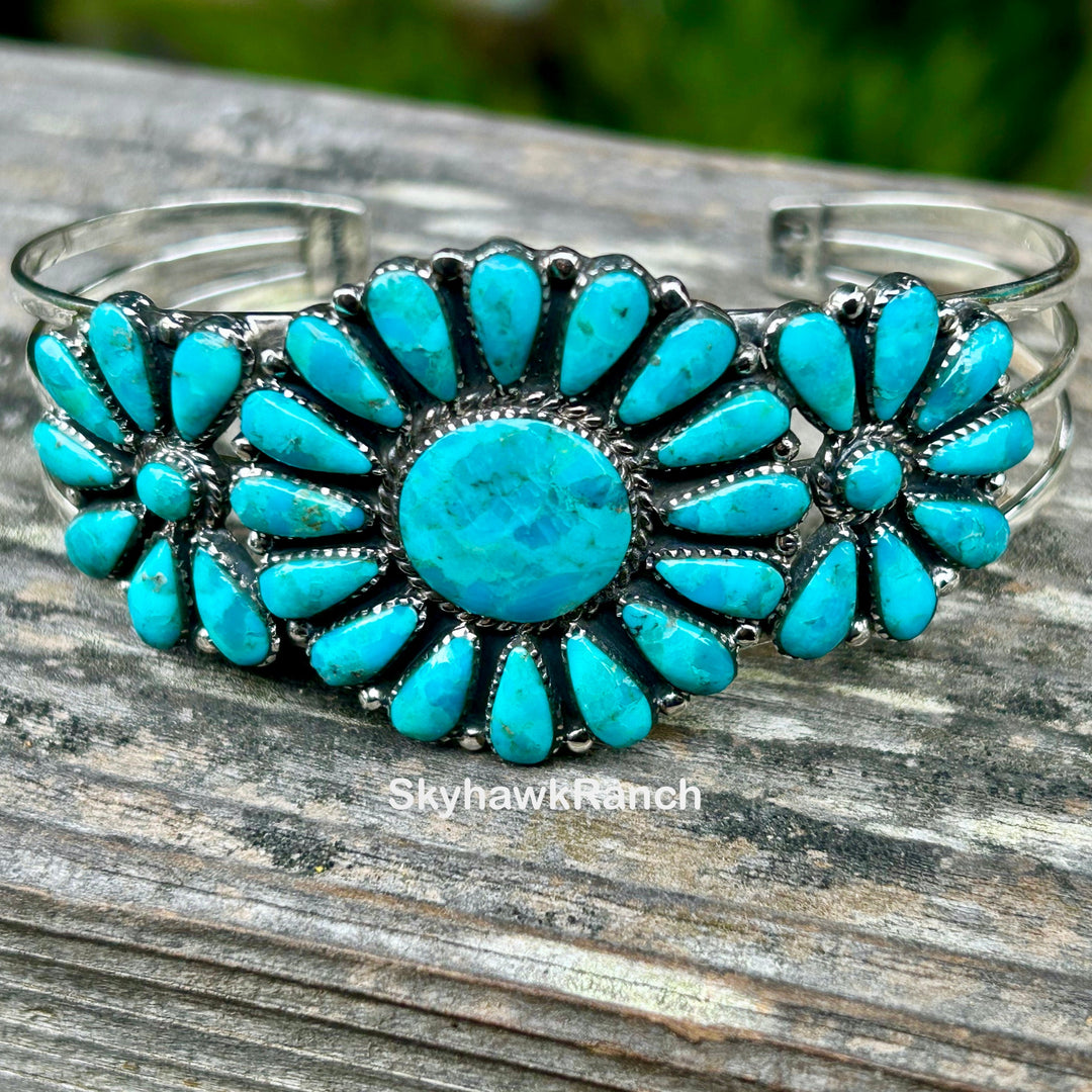 Genuine Kingman Turquoise Cluster Bracelet 925 Sterling Silver Southwestern Style Cuff Bracelet Adjustable Bracelet