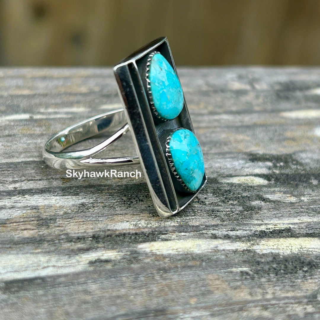 Genuine Turquoise Ring 925 Sterling Silver Shadowbox Turquoise Ring