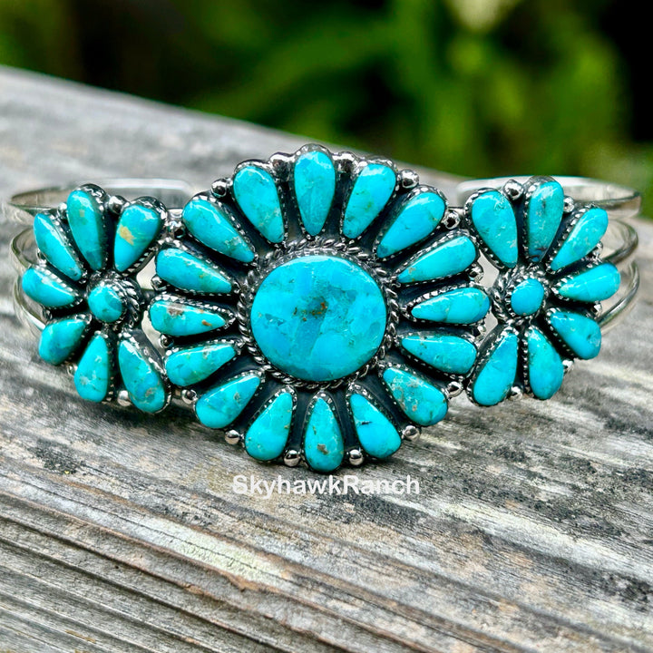 Genuine Kingman Turquoise Cluster Bracelet 925 Sterling Silver Southwestern Style Cuff Bracelet Adjustable Bracelet