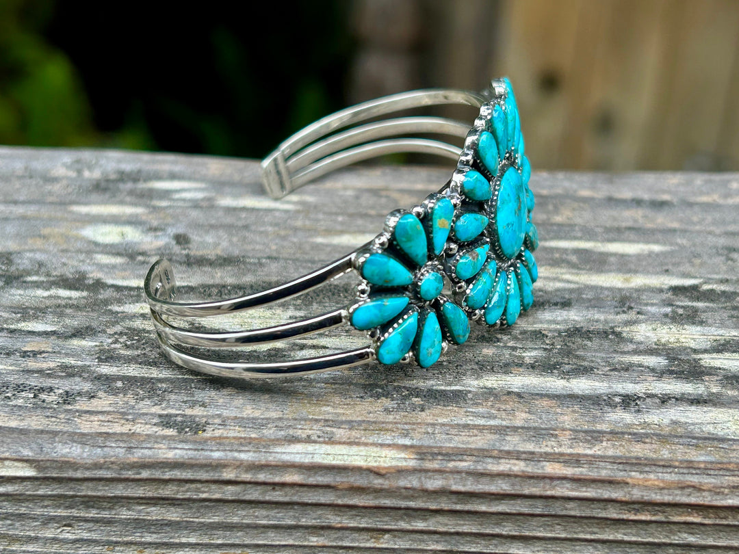 Genuine Kingman Turquoise Cluster Bracelet 925 Sterling Silver Southwestern Style Cuff Bracelet Adjustable Bracelet