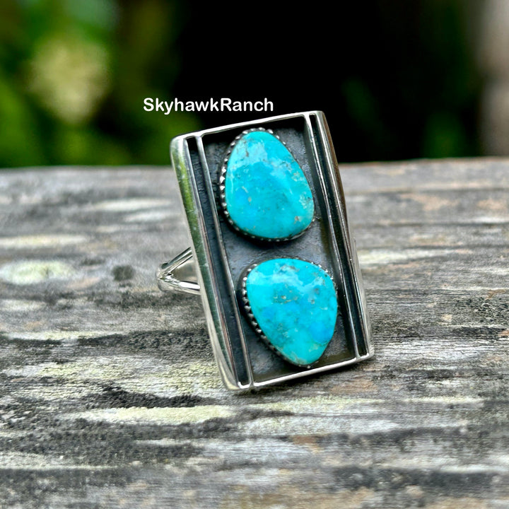 Genuine Turquoise Ring 925 Sterling Silver Shadowbox Turquoise Ring