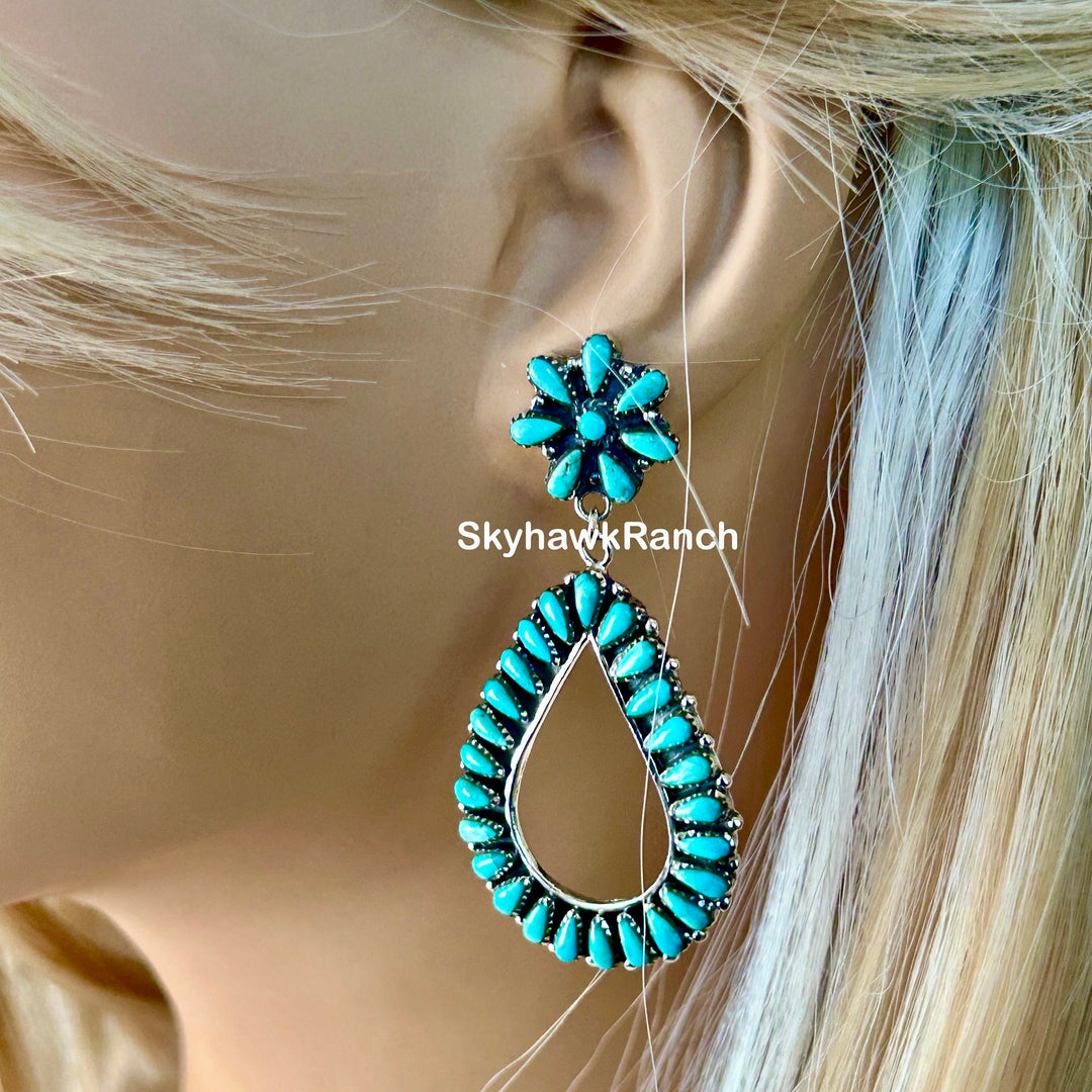 Genuine Kingman Turquoise 925 Sterling Silver Teardrop Hoop Earrings Genuine Kingman Turquoise Western Southwestern Dangle Earrings