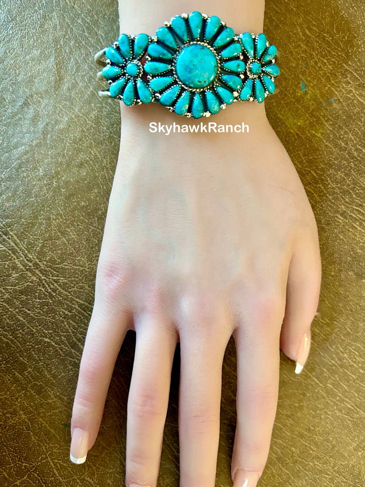 Genuine Kingman Turquoise Cluster Bracelet 925 Sterling Silver Southwestern Style Cuff Bracelet Adjustable Bracelet