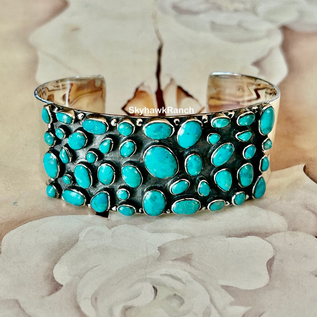 Genuine Kingman Turquoise Cluster Bracelet Turquoise Sterling Silver Bracelet Turquo9ise Cluster Cuff Southwestern Style Jewelry