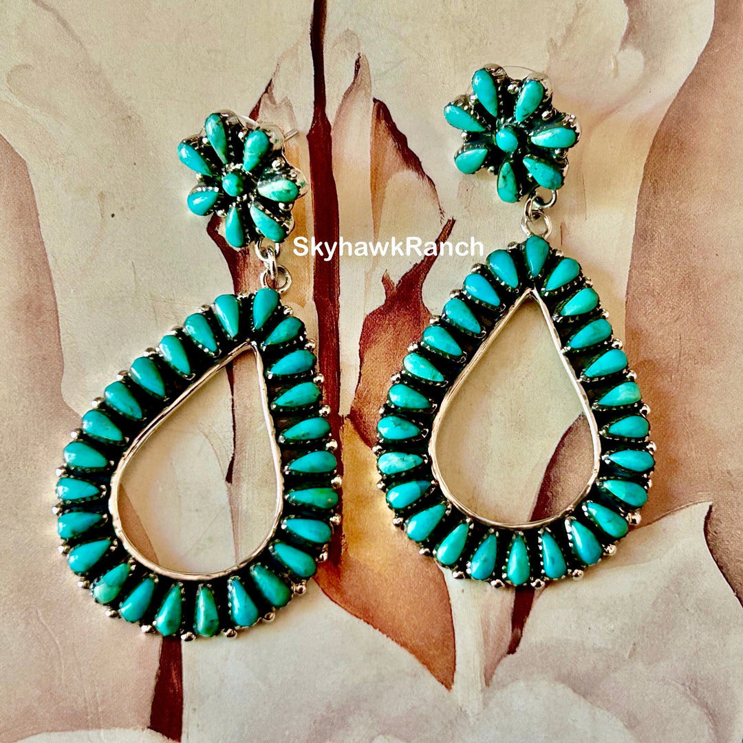 Genuine Kingman Turquoise 925 Sterling Silver Teardrop Hoop Earrings Genuine Kingman Turquoise Western Southwestern Dangle Earrings