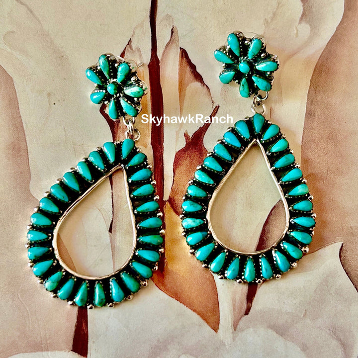 Genuine Kingman Turquoise 925 Sterling Silver Teardrop Hoop Earrings Genuine Kingman Turquoise Western Southwestern Dangle Earrings