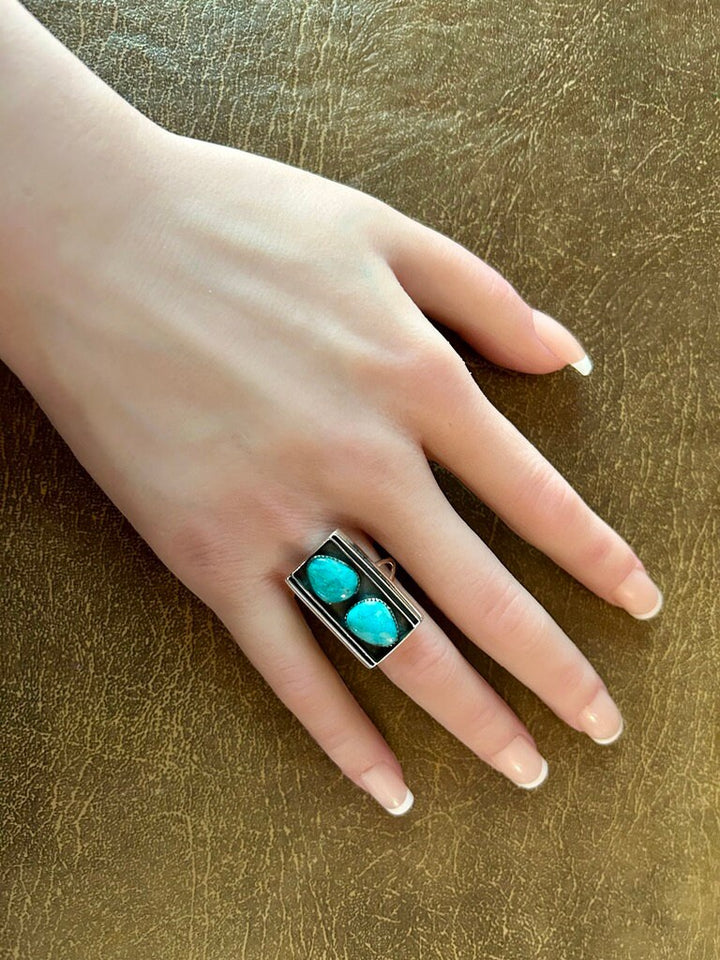 Genuine Turquoise Ring 925 Sterling Silver Shadowbox Turquoise Ring