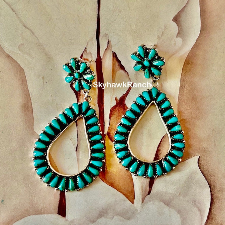 Genuine Kingman Turquoise 925 Sterling Silver Teardrop Hoop Earrings Genuine Kingman Turquoise Western Southwestern Dangle Earrings