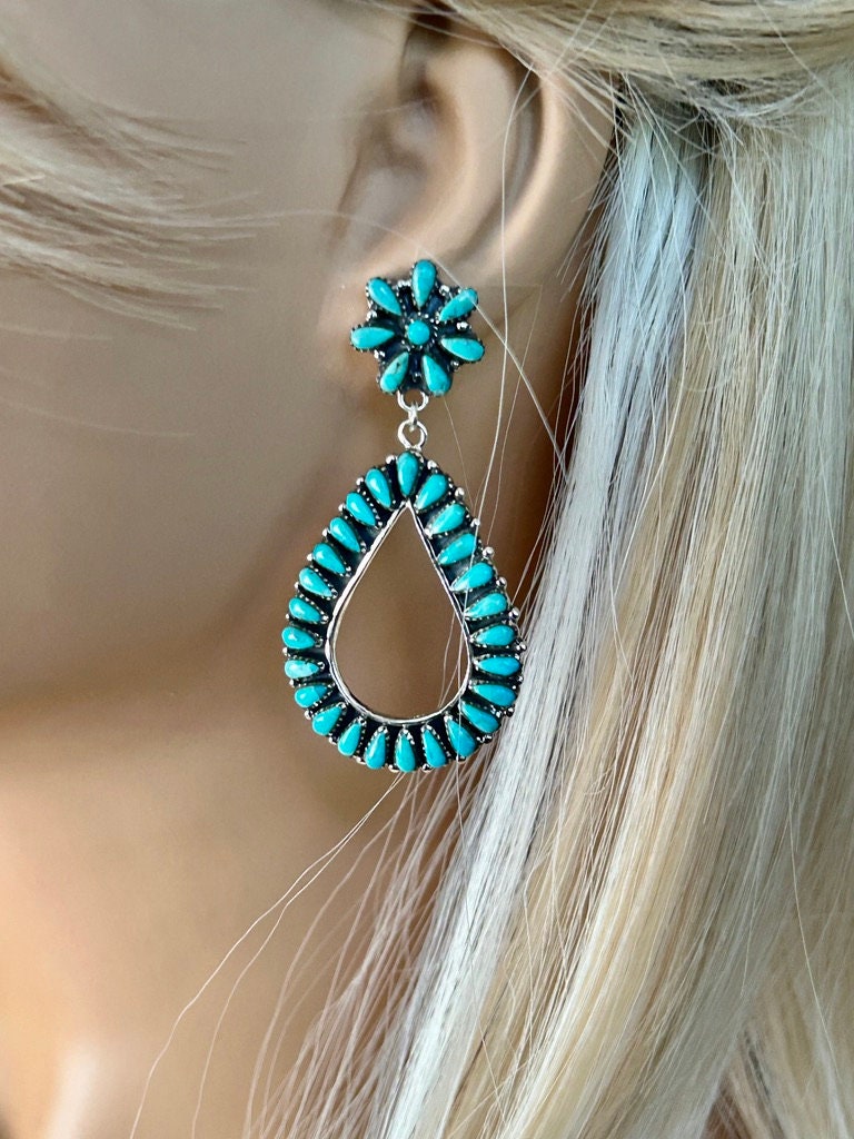 Genuine Kingman Turquoise 925 Sterling Silver Teardrop Hoop Earrings Genuine Kingman Turquoise Western Southwestern Dangle Earrings