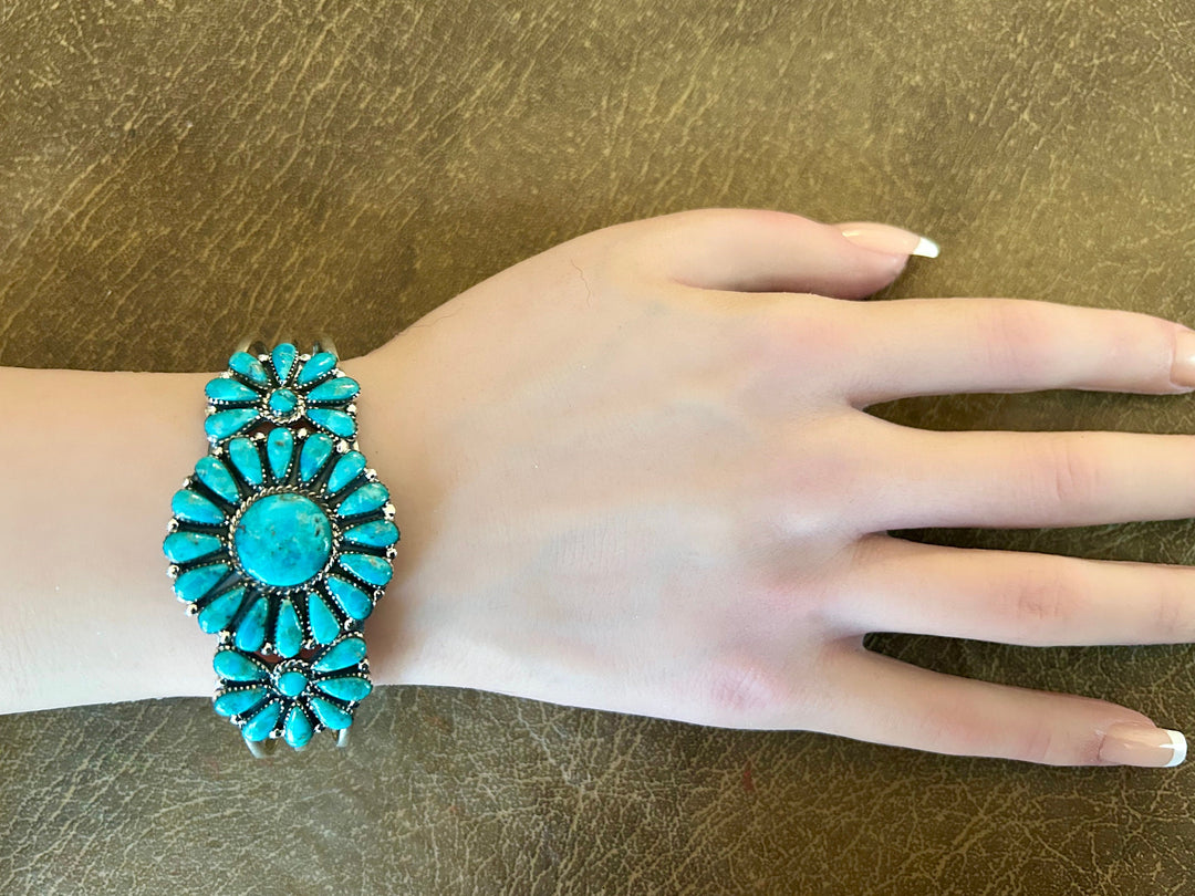 Genuine Kingman Turquoise Cluster Bracelet 925 Sterling Silver Southwestern Style Cuff Bracelet Adjustable Bracelet