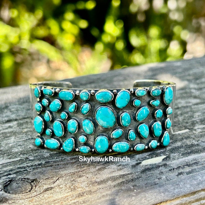 Genuine Kingman Turquoise Cluster Bracelet Turquoise Sterling Silver Bracelet Turquo9ise Cluster Cuff Southwestern Style Jewelry