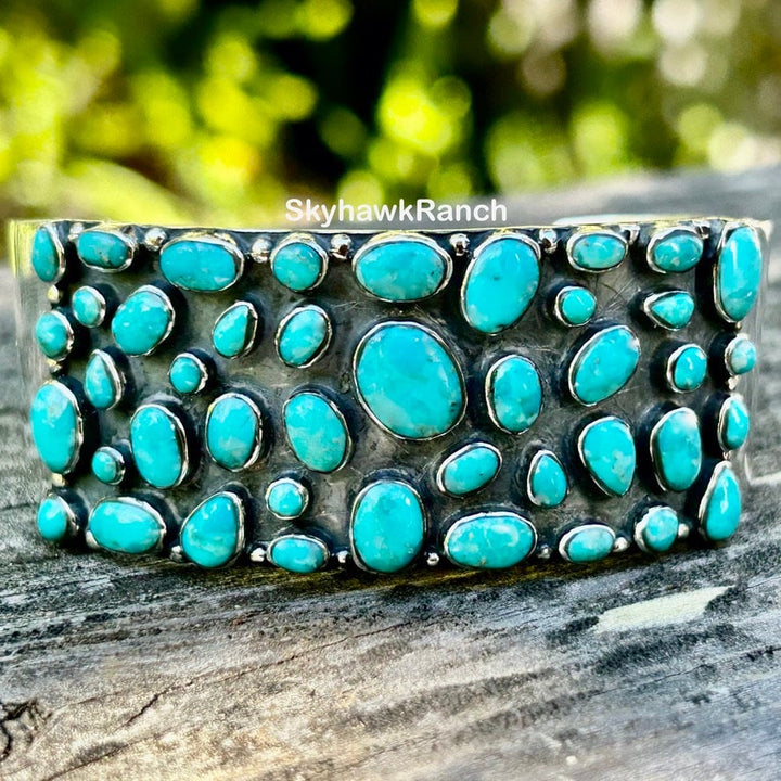 Genuine Kingman Turquoise Cluster Bracelet Turquoise Sterling Silver Bracelet Turquo9ise Cluster Cuff Southwestern Style Jewelry