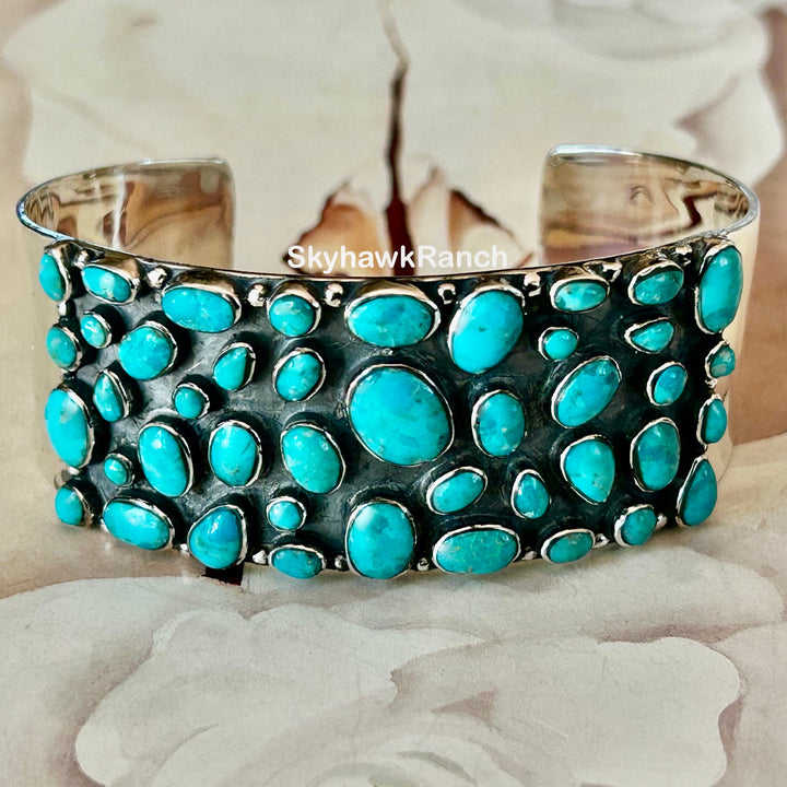 Genuine Kingman Turquoise Cluster Bracelet Turquoise Sterling Silver Bracelet Turquo9ise Cluster Cuff Southwestern Style Jewelry