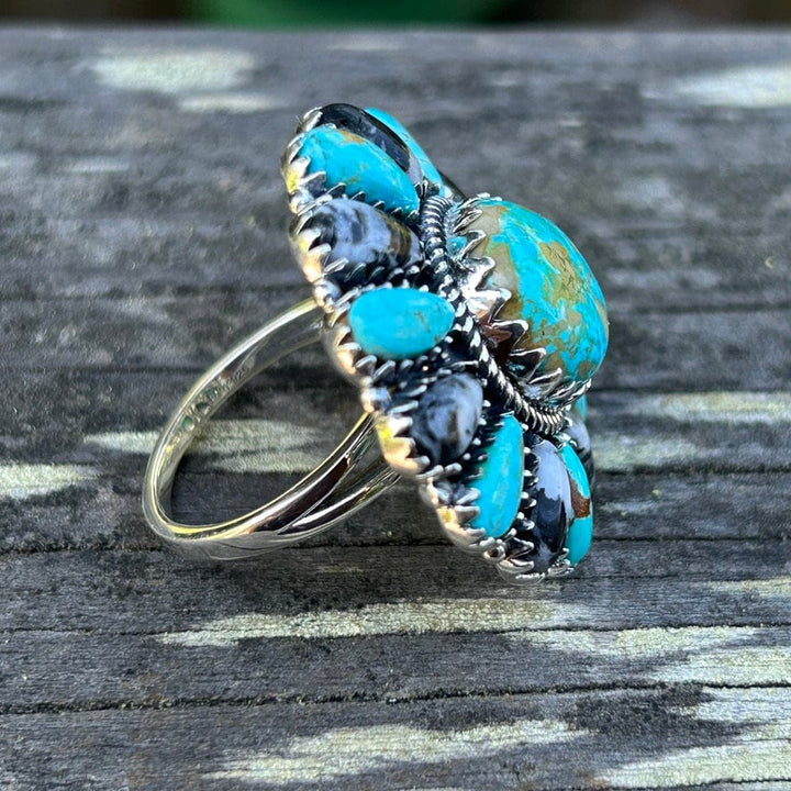 Genuine Royston Turquoise White Buffalo Sterling Ring Turquoise Flower Cluster Ring Gorgeous Statement Ring Southwestern Jewelry