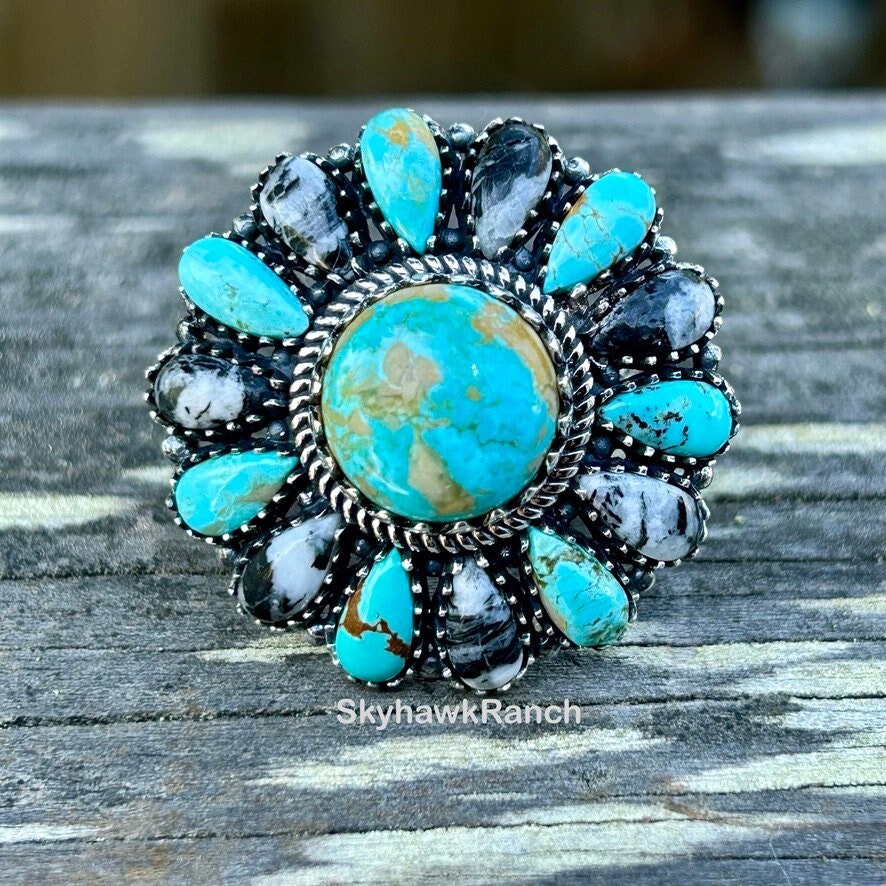 Genuine Royston Turquoise White Buffalo Sterling Ring Turquoise Flower Cluster Ring Gorgeous Statement Ring Southwestern Jewelry