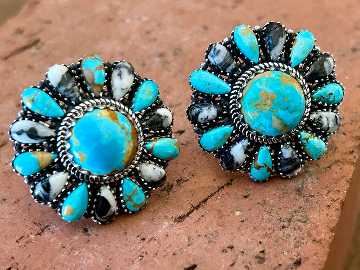 Genuine Royston Turquoise White Buffalo Sterling Ring Turquoise Flower Cluster Ring Gorgeous Statement Ring Southwestern Jewelry