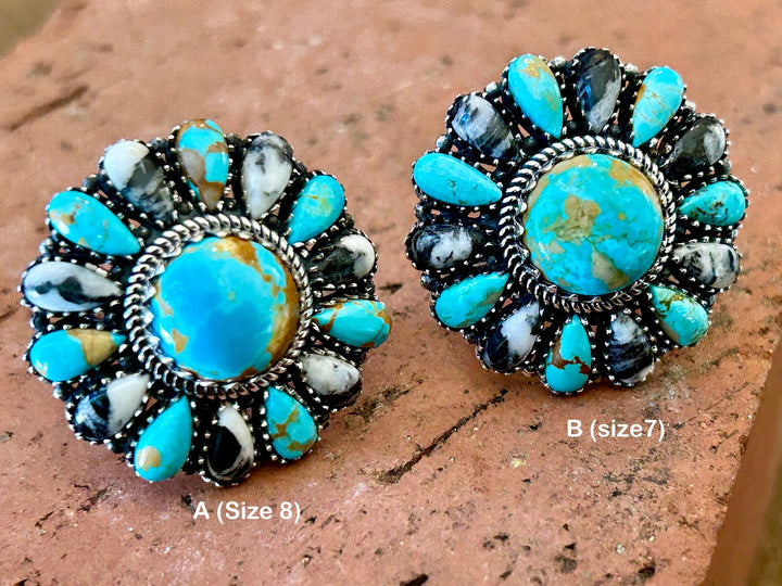 Genuine Royston Turquoise White Buffalo Sterling Ring Turquoise Flower Cluster Ring Gorgeous Statement Ring Southwestern Jewelry