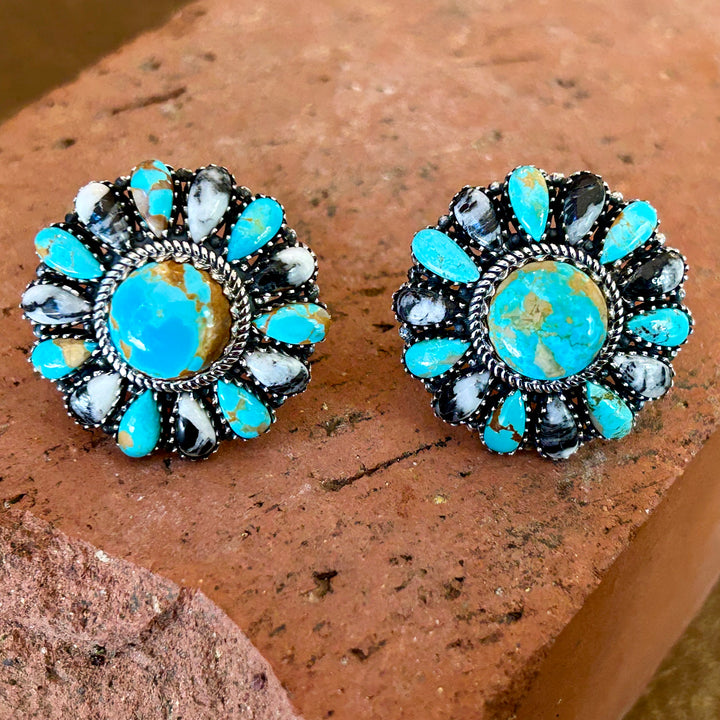 Genuine Royston Turquoise White Buffalo Sterling Ring Turquoise Flower Cluster Ring Gorgeous Statement Ring Southwestern Jewelry