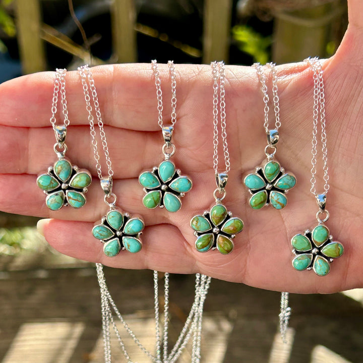 Kingman Turquoise Five Petal Flower Pendant/Necklace Sterling Silver Dainty Gemstone Necklace Arizona Turquoise Pendant with Sterling Chain