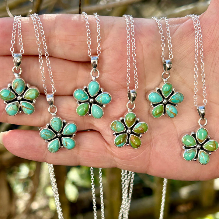 Kingman Turquoise Five Petal Flower Pendant/Necklace Sterling Silver Dainty Gemstone Necklace Arizona Turquoise Pendant with Sterling Chain