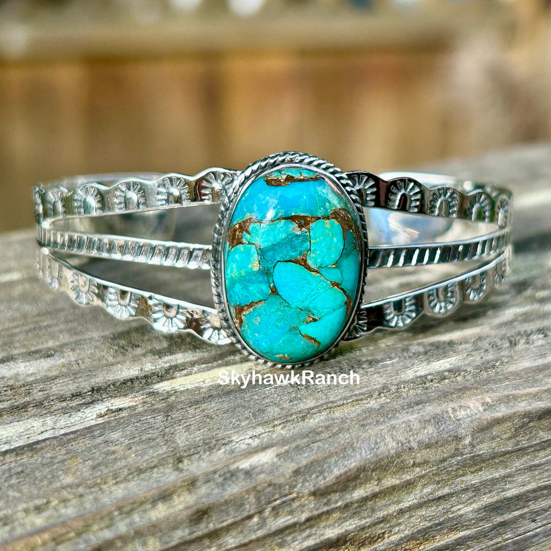 Genuine Turquoise Bracelet with Copper Matrix 925 Silver Cuff Southwestern Western Bracelet